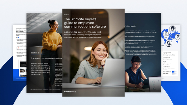 Cover and inside preview of the Appspace guide, “The ultimate buyer’s guide to employee communications software,” featuring its cover with a professional woman on a laptop and a collage of various sample pages.