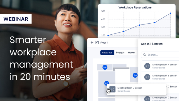 Business professional looking upward, alongside a webinar promotion graphic showing workplace reservations data and IoT sensor management interface, with text “Smarter workplace management in 20 minutes.”