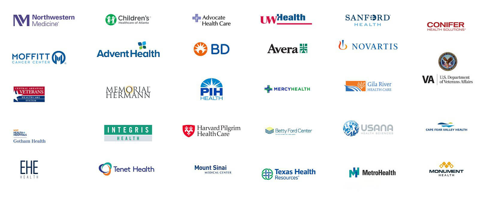 A grid of healthcare and medical organization logos, including Northwestern Medicine, Childrens Healthcare of Atlanta, UW Health, Sanford Health, Novartis, Stanford Health Care, VA, and more.