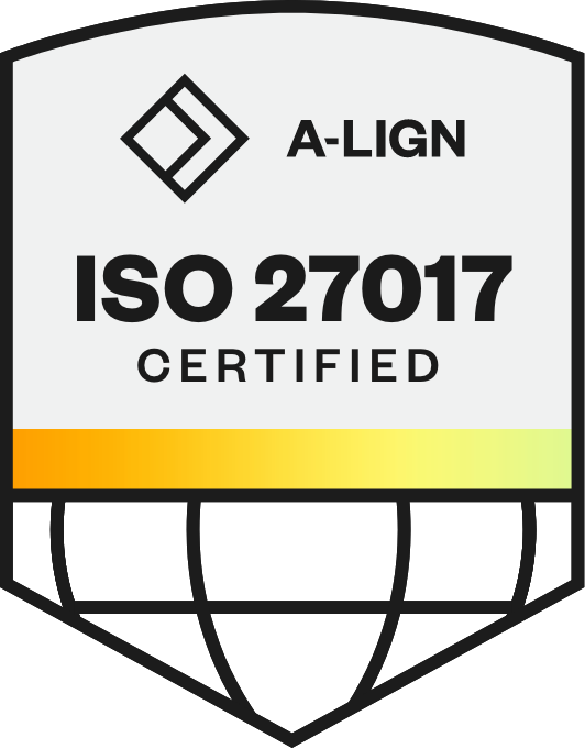 Shield-shaped badge with A-LIGN logo at the top. Text reads ISO 27017 CERTIFIED in bold. The bottom half features a gradient from orange to yellow, resembling a globe grid pattern.