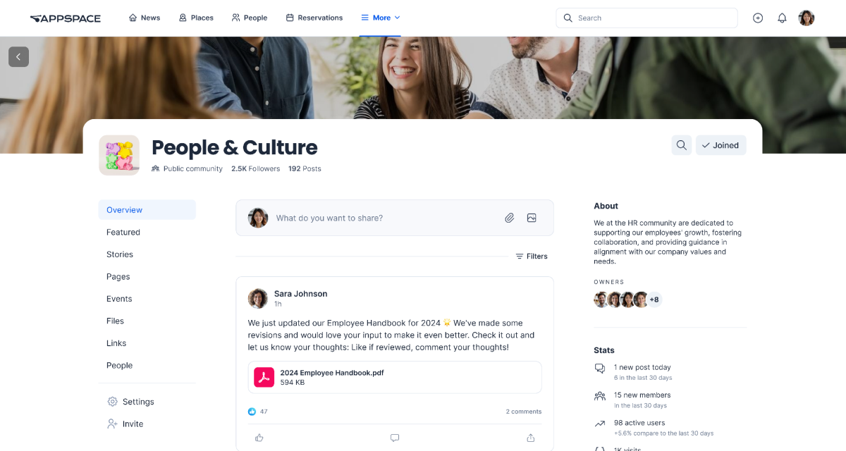A company intranet page titled People & Culture shows an employee post announcing the 2024 Employee Handbook update, with a PDF attached. The sidebar lists sections like Overview, Featured, and Stories.