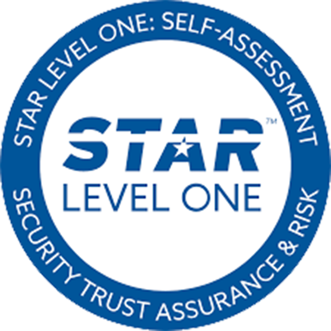Blue circular badge with STAR LEVEL ONE: SELF-ASSESSMENT around the top edge and SECURITY TRUST ASSURANCE & RISK around the bottom. Inside, STAR LEVEL ONE is written in large blue text.