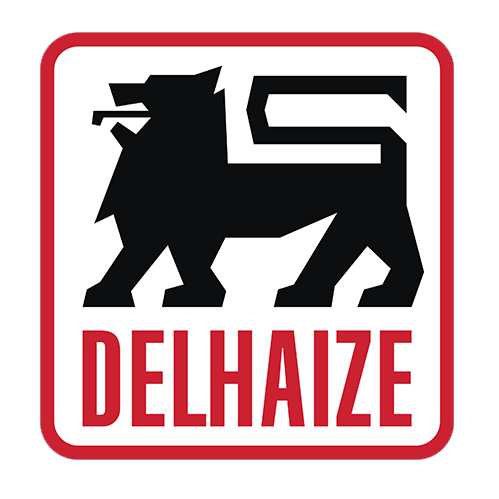 Logo of Delhaize featuring a stylized black lion on a white background, enclosed in a red-bordered square. The word DELHAIZE is written in bold red letters below the lion.
