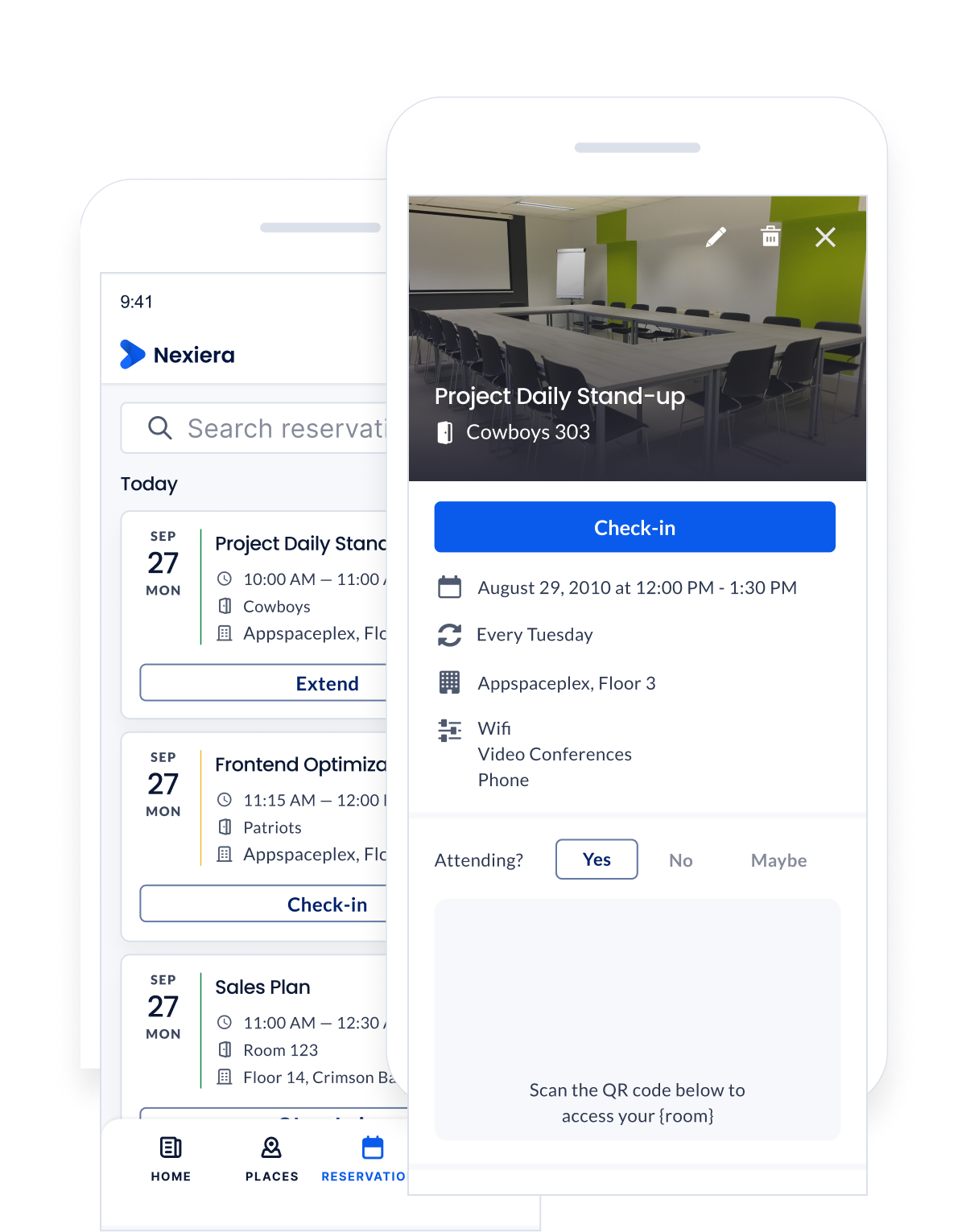 Two smartphone screens displaying a meeting scheduling app. The left screen shows a list of reservations. The right screen provides details for a Project Daily Stand-up meeting, with options to check-in and indicate attendance.