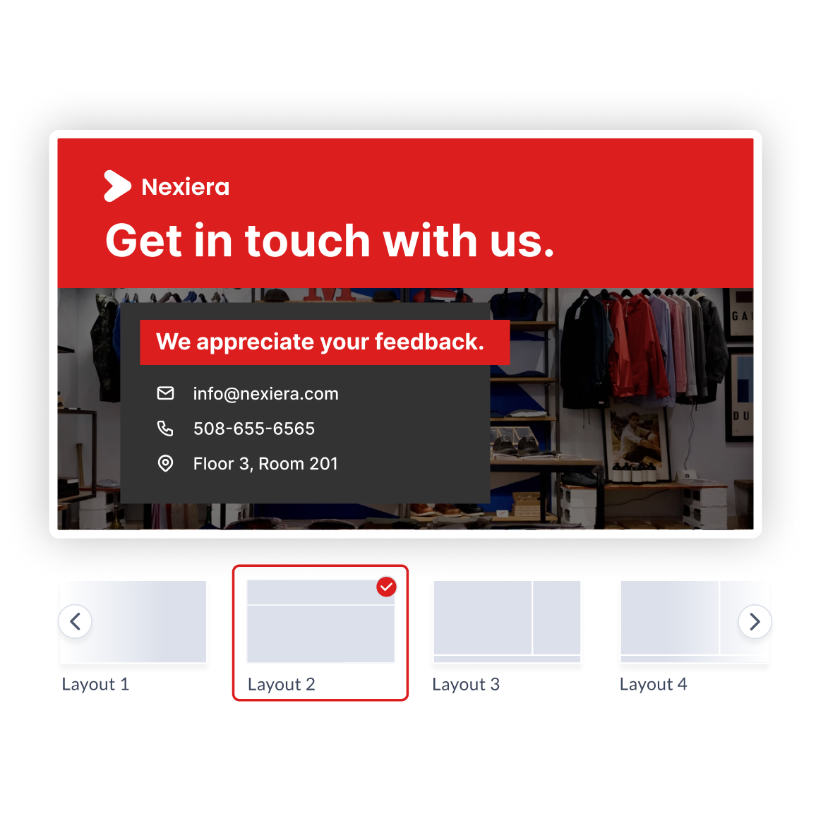 A business card design for Nexiera with Get in touch with us in bold red. Contact details include: info@nexiera.com, 508-655-6565, Floor 3, Room 201. Background shows a store with clothes hanging. Options for different layouts are below.
