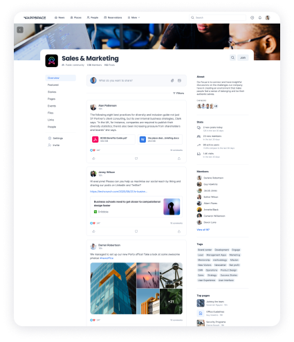 Screenshot of a digital workspace for a Sales & Marketing team. The interface includes channels, threads, and posts about best practices and communication. Images of buildings and a group chat are visible, with user profiles and icons on the sidebar.