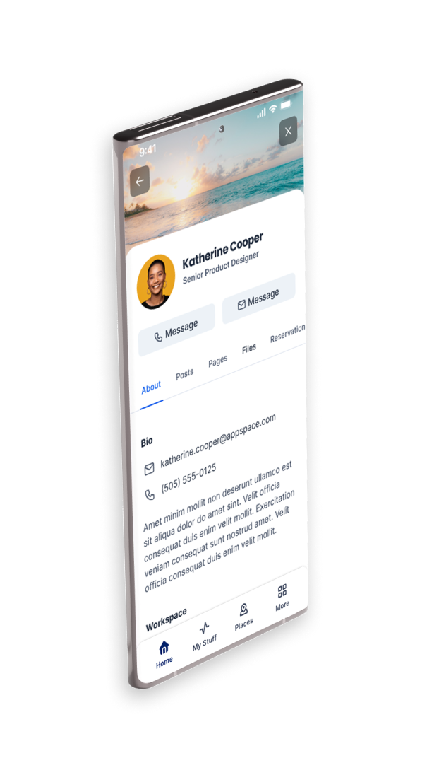 A smartphone display shows a social media profile. The profile includes a circular profile picture, the name Katherine Cooper, job title Senior Product Designer, contact information, bio, and navigation options like Home, My Stuff, Pages, and Files.
