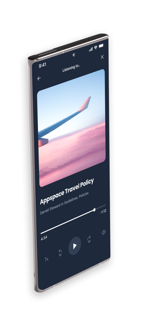 A smartphone displays an audio player app. The screen shows a cover image of an airplane wing against the sky. Below, it reads Appspace Travel Policy by Darrell Steward, with playback controls for play/pause and time progress bar.