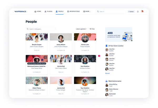 A webpage displaying a people directory with profile cards featuring names, job titles, and photos. A sidebar on the right shows office locations and work anniversaries, with a network connection status icon at the top-right.