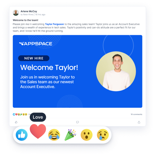 A social media post welcomes Taylor to the sales team at Appspace as the newest Account Executive. The post features a blue banner with Taylors photo on the right. Below are reaction emojis including love, like, and celebrate.