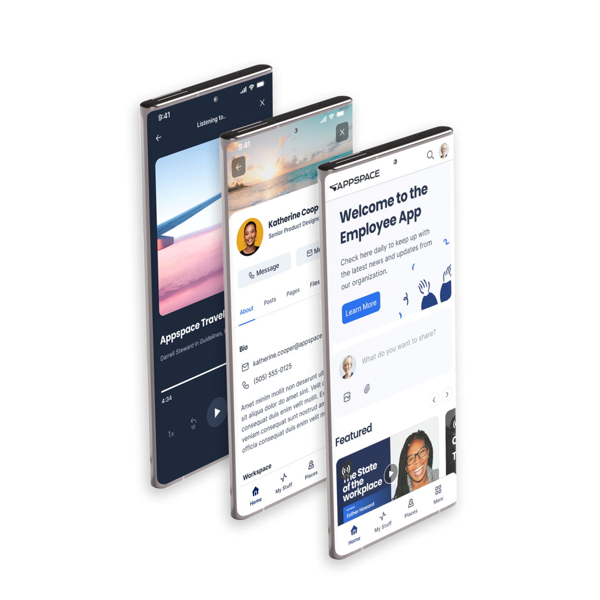 Three overlapping smartphone screens display different interfaces: a travel app with a plane, a social profile with a circular photo and contact details, and an employee app with a welcome message and featured articles.