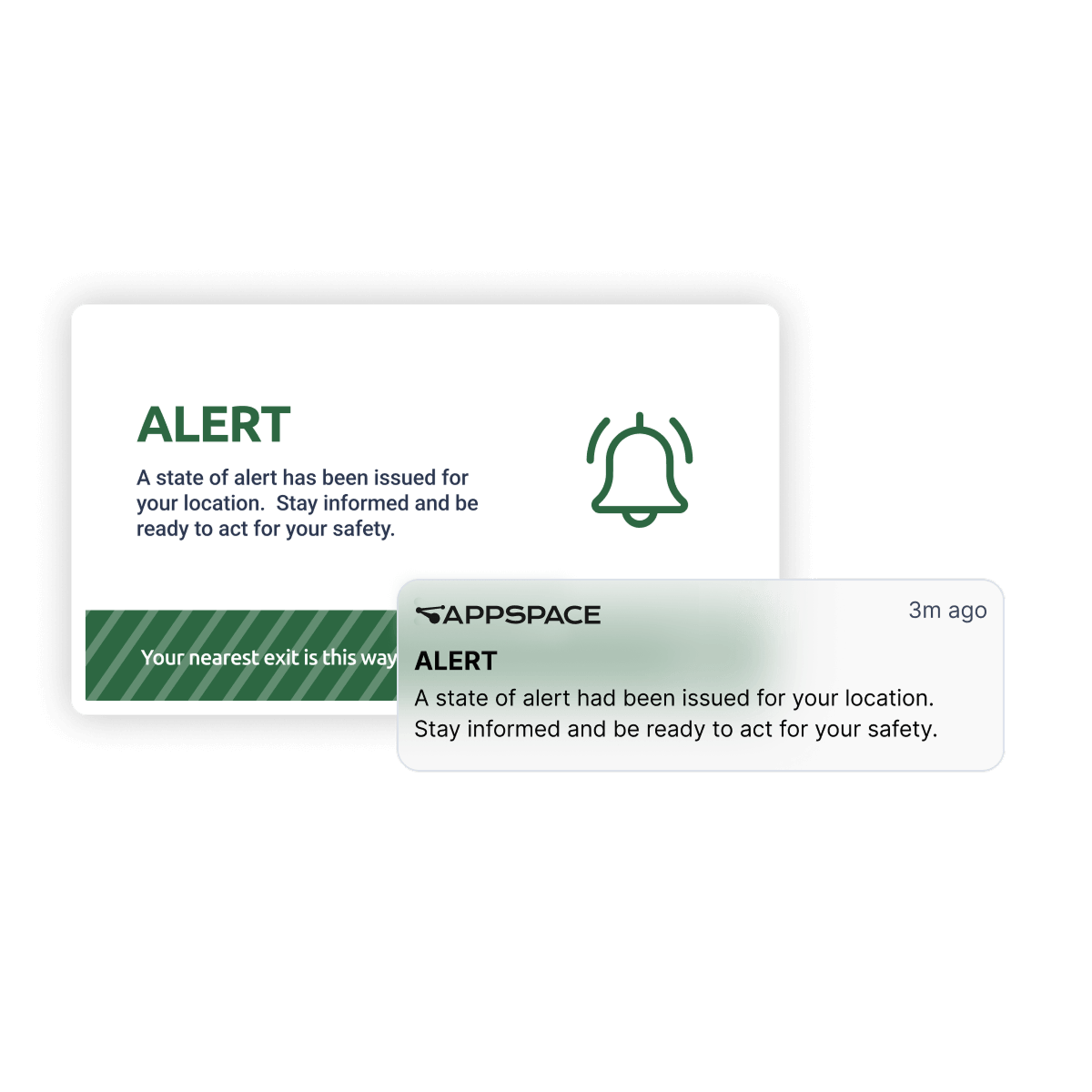 A digital alert notification and a card display a safety message: A state of alert has been issued for your location. Stay informed and be ready to act for your safety, alongside a bell icon.