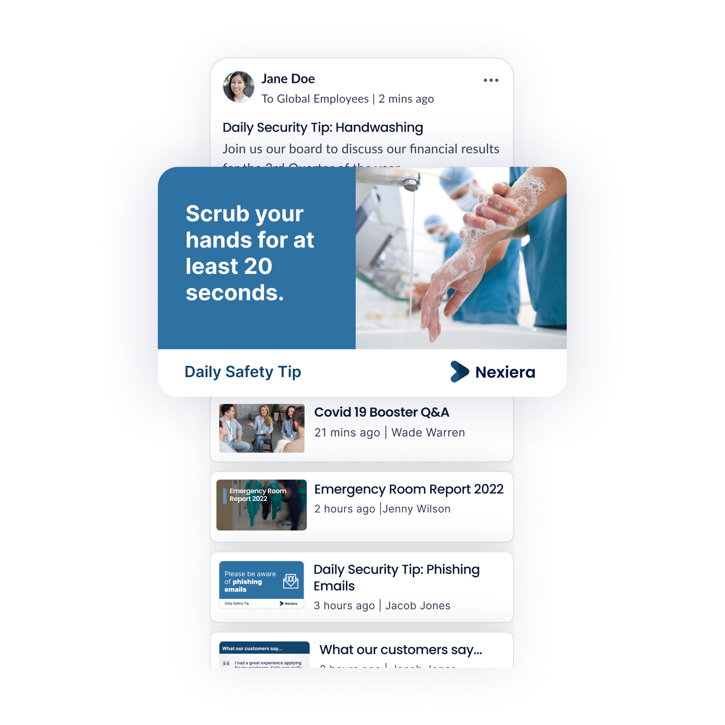 A mobile screen displays a notification from Jane Doe about handwashing. The alert includes an image of hands being washed, with text: Scrub your hands for at least 20 seconds. Below are various alerts and reports.