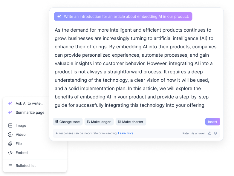 Screenshot of an AI writing assistant tool displaying a draft for an article about embedding AI in products. It includes options like Change tone, Make longer, and Make shorter alongside a text editing panel.