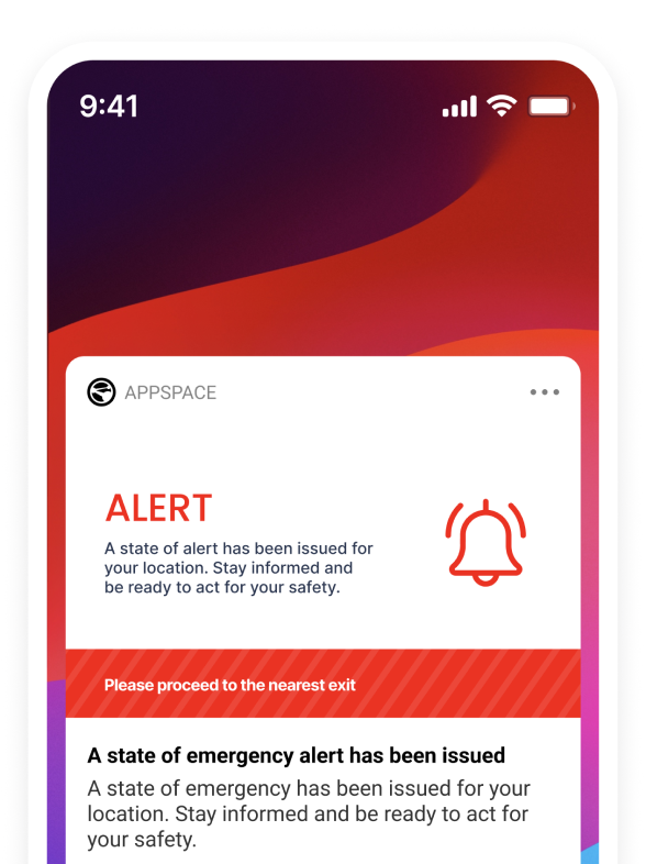 A smartphone screen displays an emergency alert notification from an app called Appspace. The message advises users that a state of alert has been issued for their location, urging them to stay informed and ready for safety actions.