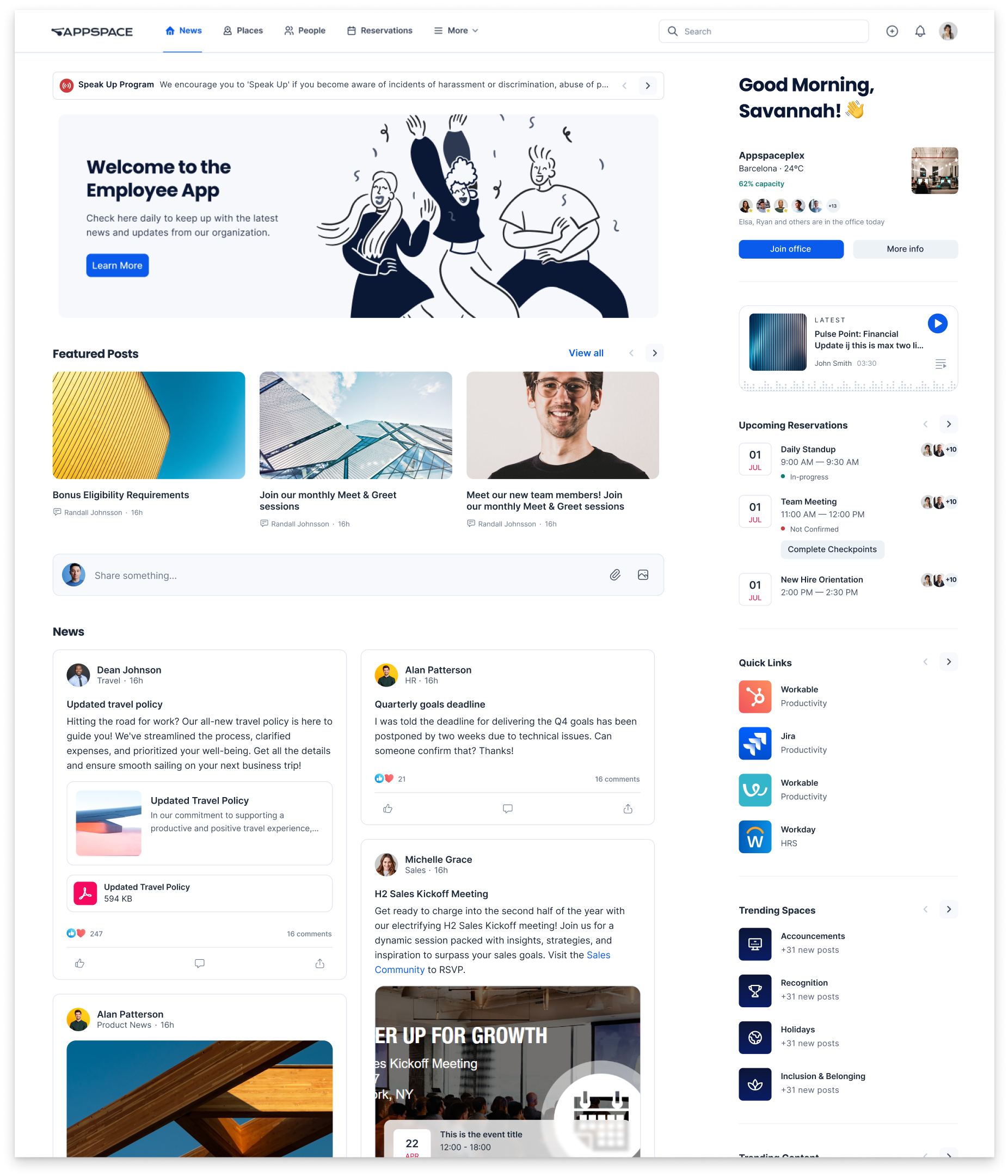 Screenshot of a digital dashboard with sections for featured posts, news, and upcoming reservations. It includes user details, quick links, and trending spaces. The design is clean and organized with a blue and gray color scheme.