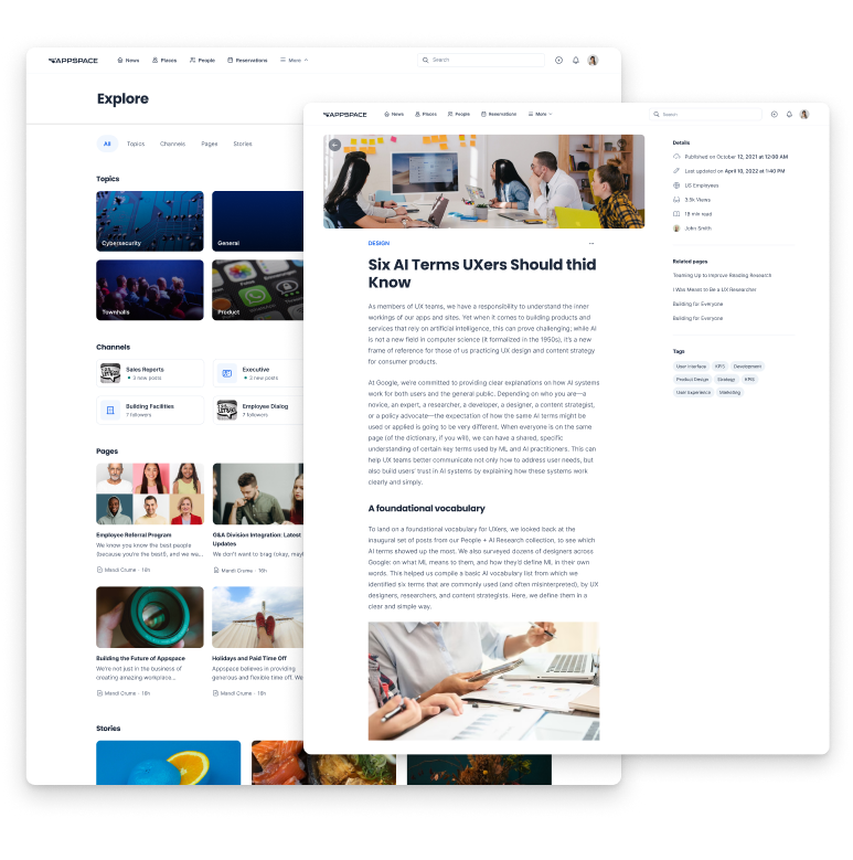 Two overlapping web pages are displayed. The left page shows an Explore section with images and topics. The right page shows an article titled Six AI Terms UXers Should Know, featuring text and a header image of people discussing around a table.