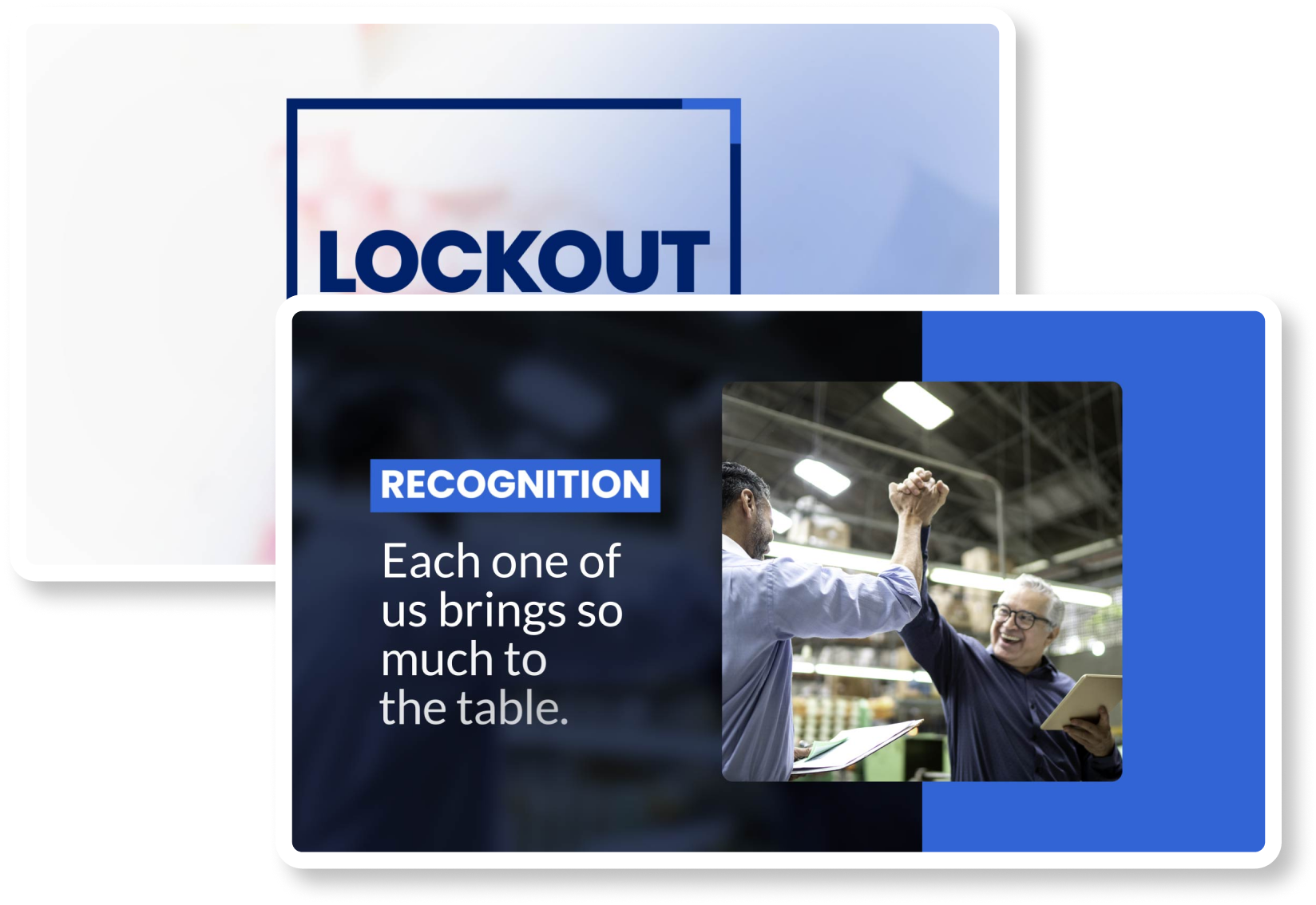 A slide with the word RECOGNITION, text stating Each one of us brings so much to the table, and an image of two colleagues in a warehouse high-fiving, celebrating teamwork.
