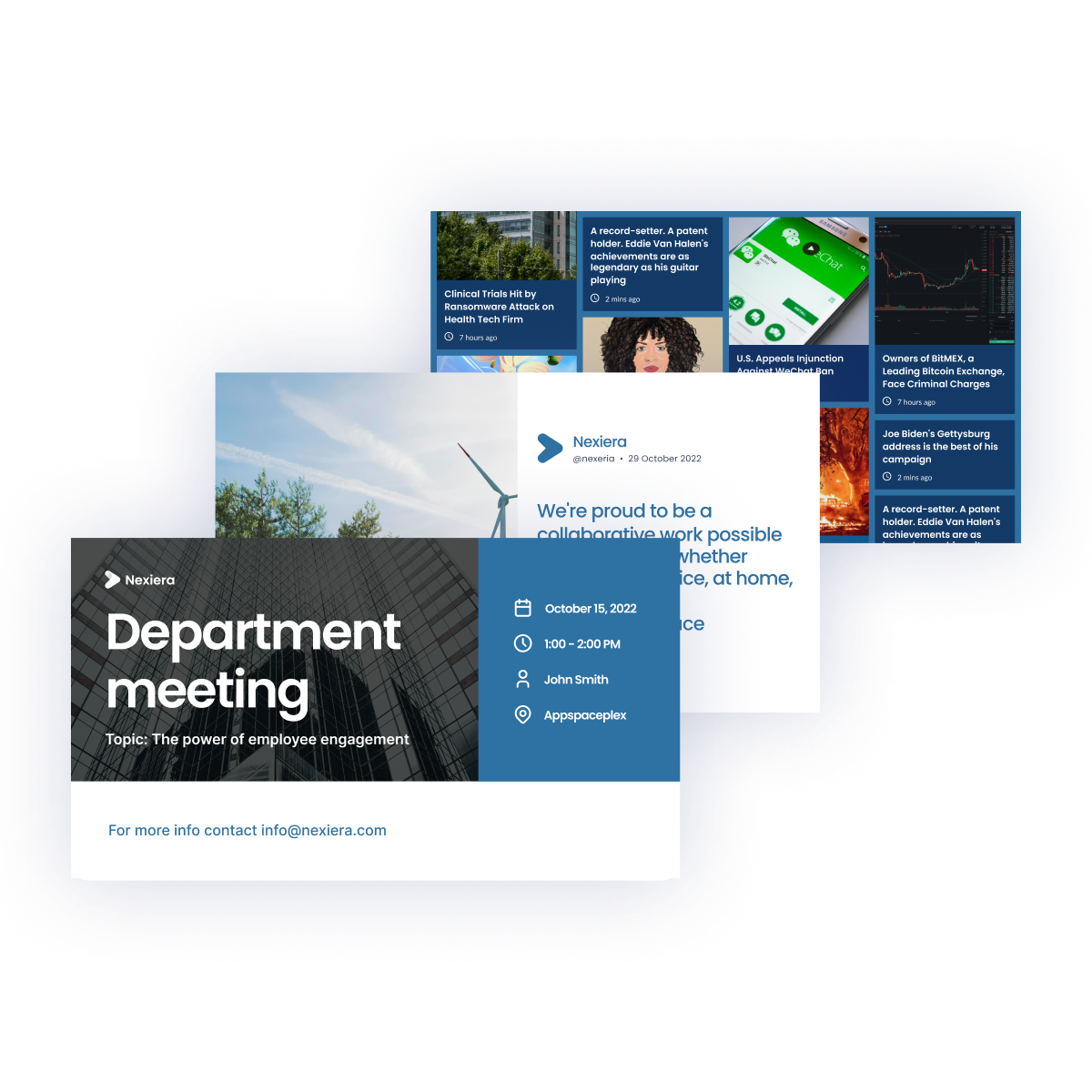 A digital collage with overlapping rectangles displaying various text elements. The main rectangle includes Department meeting details, such as date, time, and contact information at Nexiera. Background shows snippets of diverse digital content.