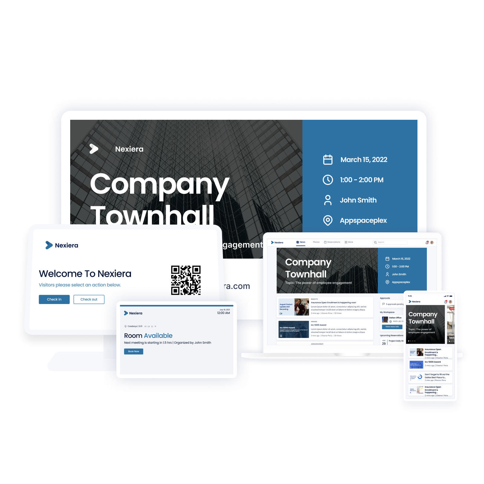 Digital devices displaying a presentation for Company Townhall by Nexiera. The event details show March 15, 2022, 1:00 - 2:00 PM, at Appspaceplex. Devices include a desktop, tablet, laptop, and smartphone.