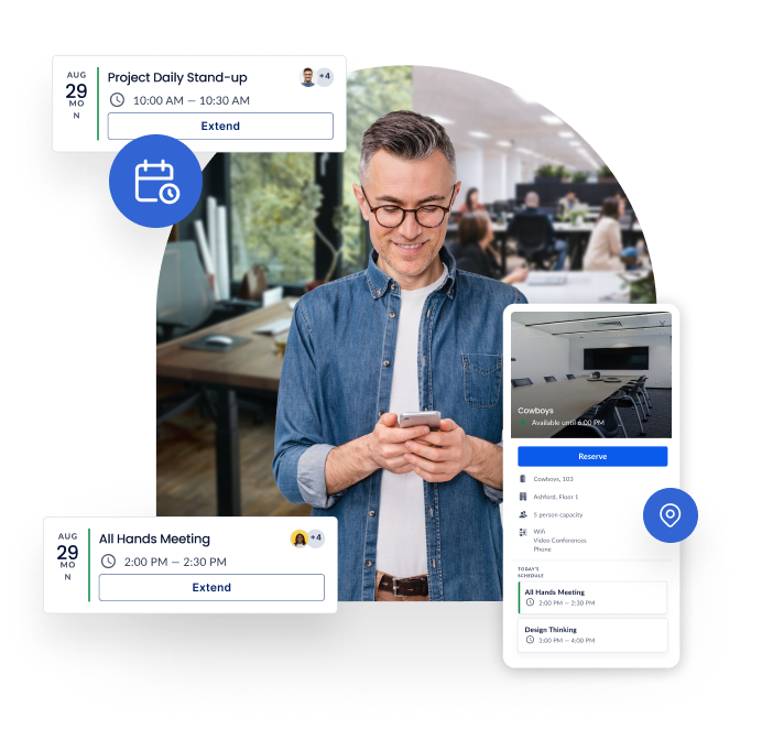 man in glasses interacting with hybrid workplace communication app - Appspace
