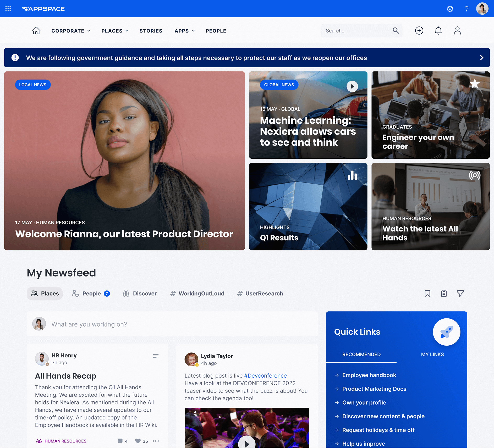 Hybrid employee communications intranet interface - Appspace