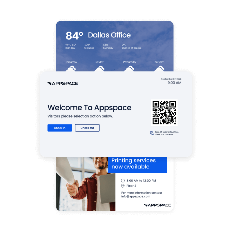 Digital signage display showing weather in Dallas, a QR code for checking in at Appspace, and a banner for printing services with contact info. Blue and white branding with icons for weather, check-in, and a smiling person holding paper.