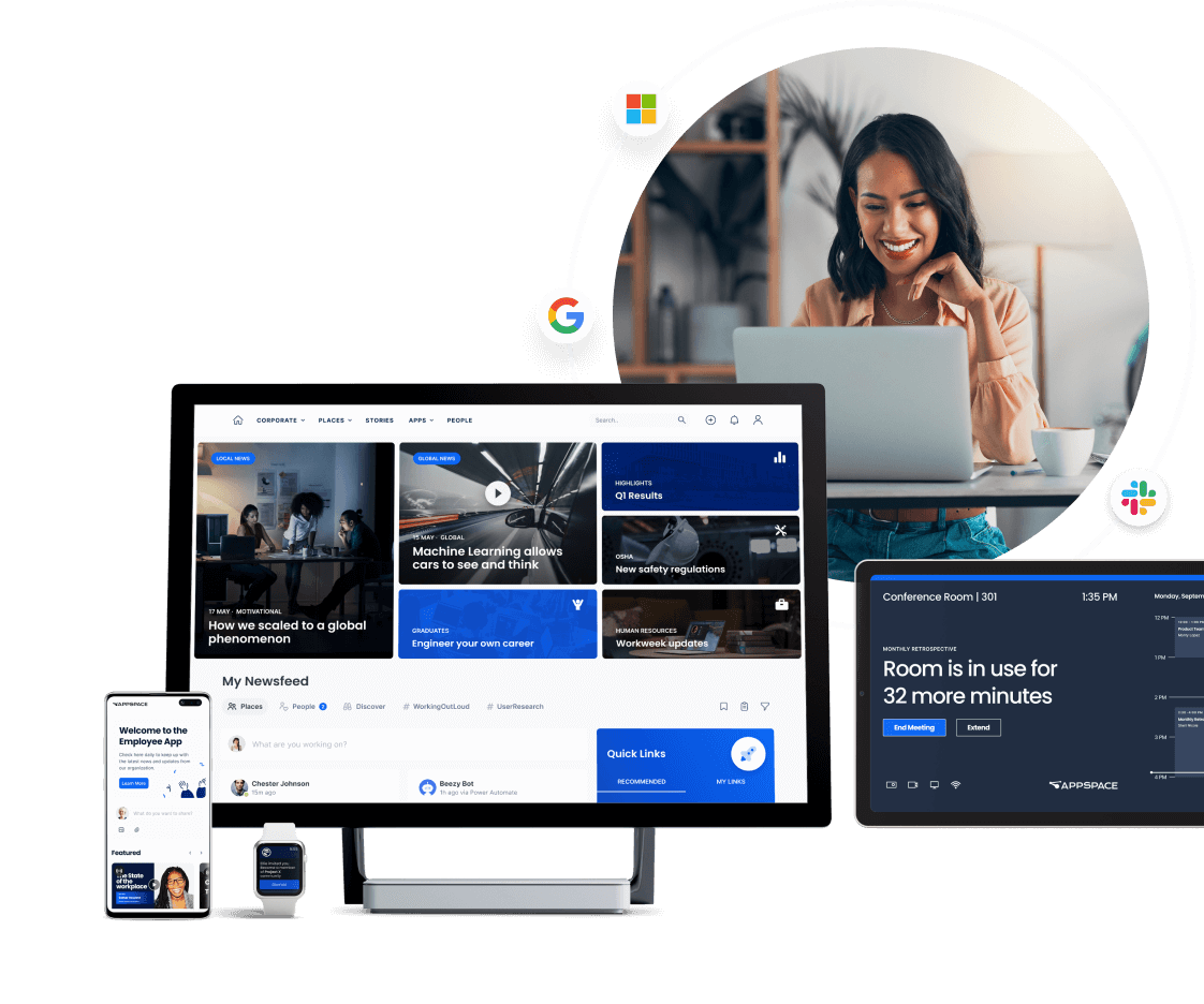 A digital collage featuring a woman smiling at a laptop wearing headphones, surrounded by logos. Below, multiple screens show a tech interface with news, social media feeds, and a conference room schedule.