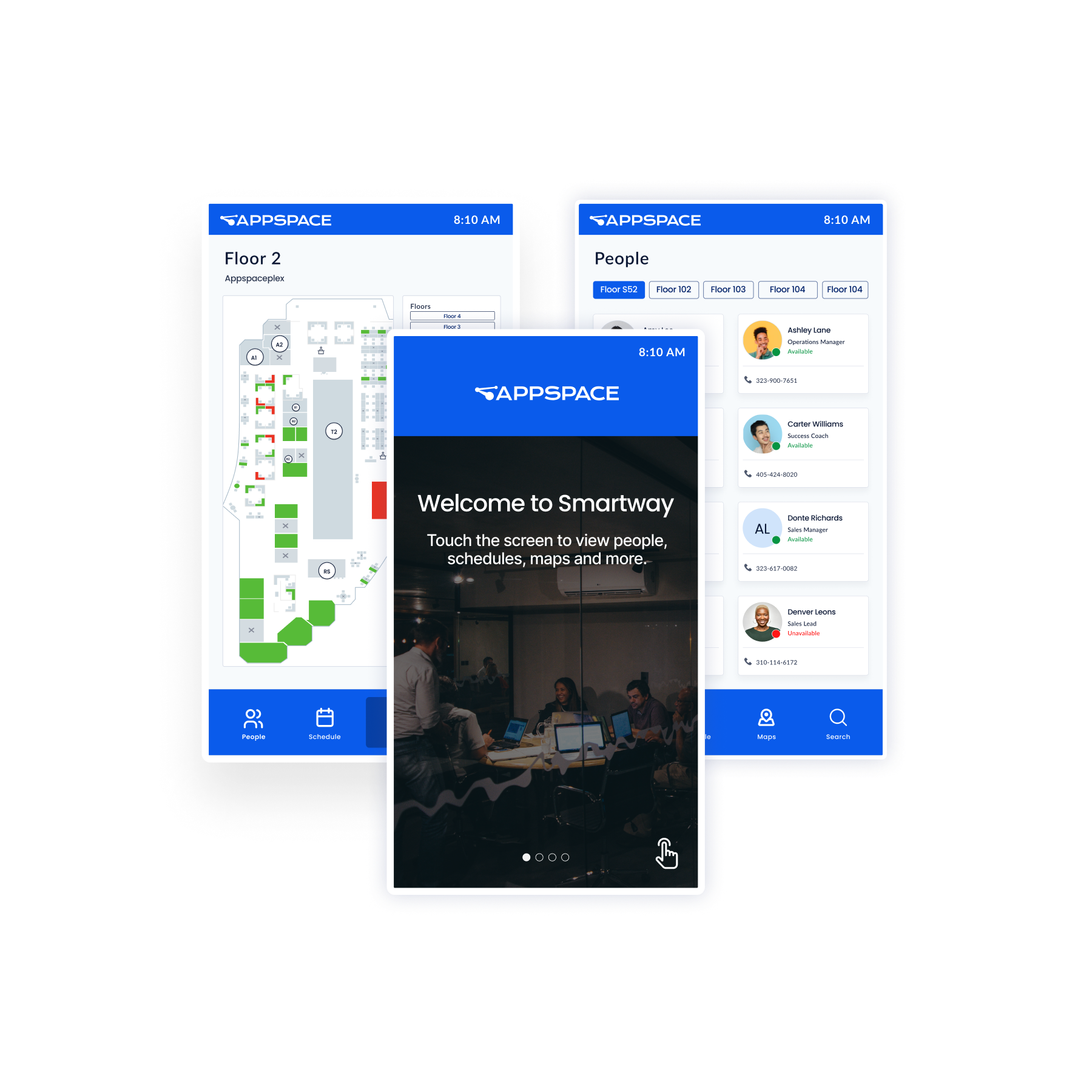 Three Appspace app screens: a map of Floor 2, a welcome screen with Welcome to Smartway, and a people directory showing names and faces.