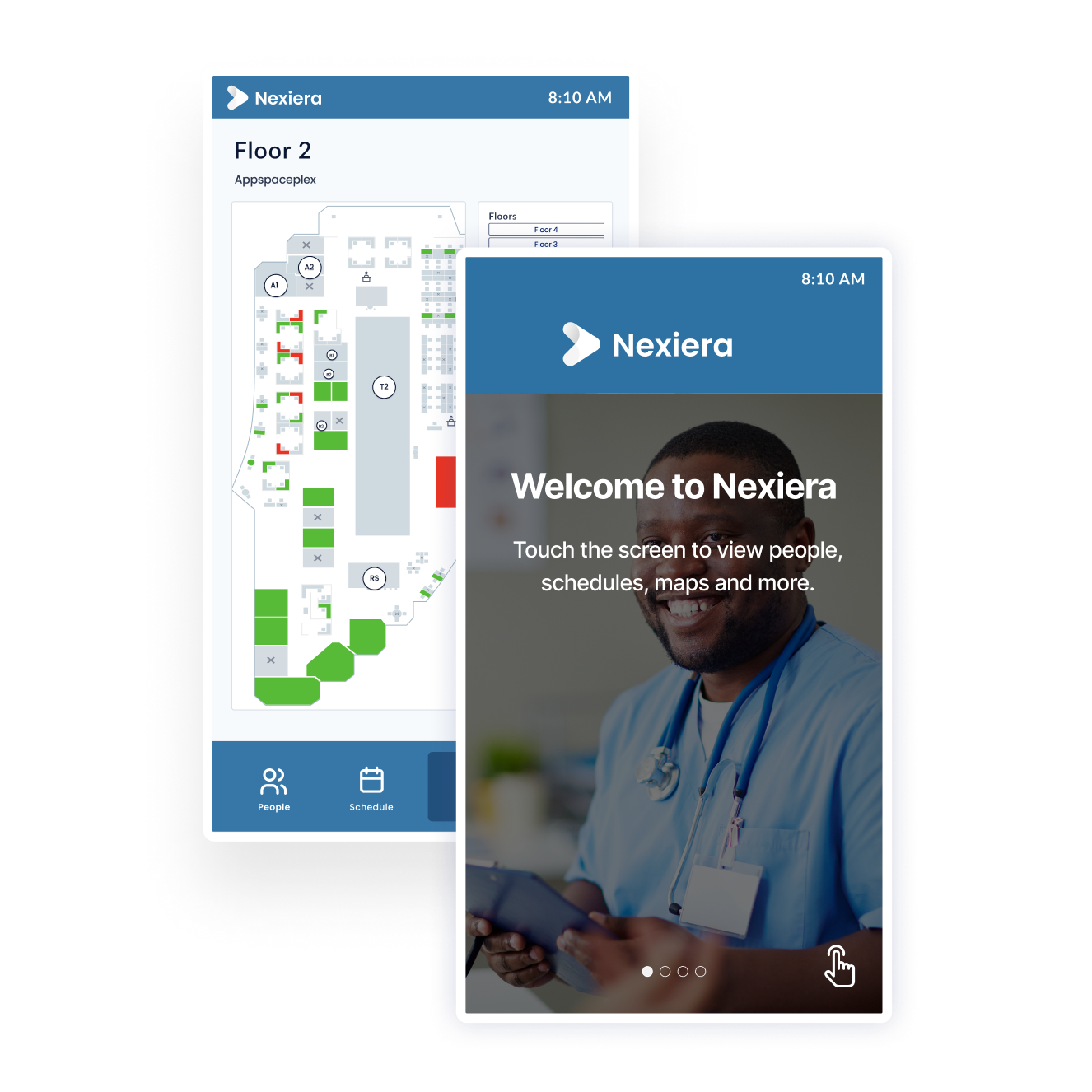 Two overlapping screens display the Nexiera app. The front screen shows a welcome message with a smiling person in scrubs holding a tablet. The back screen shows a digital map of Floor 2 with a navigation menu at the bottom.