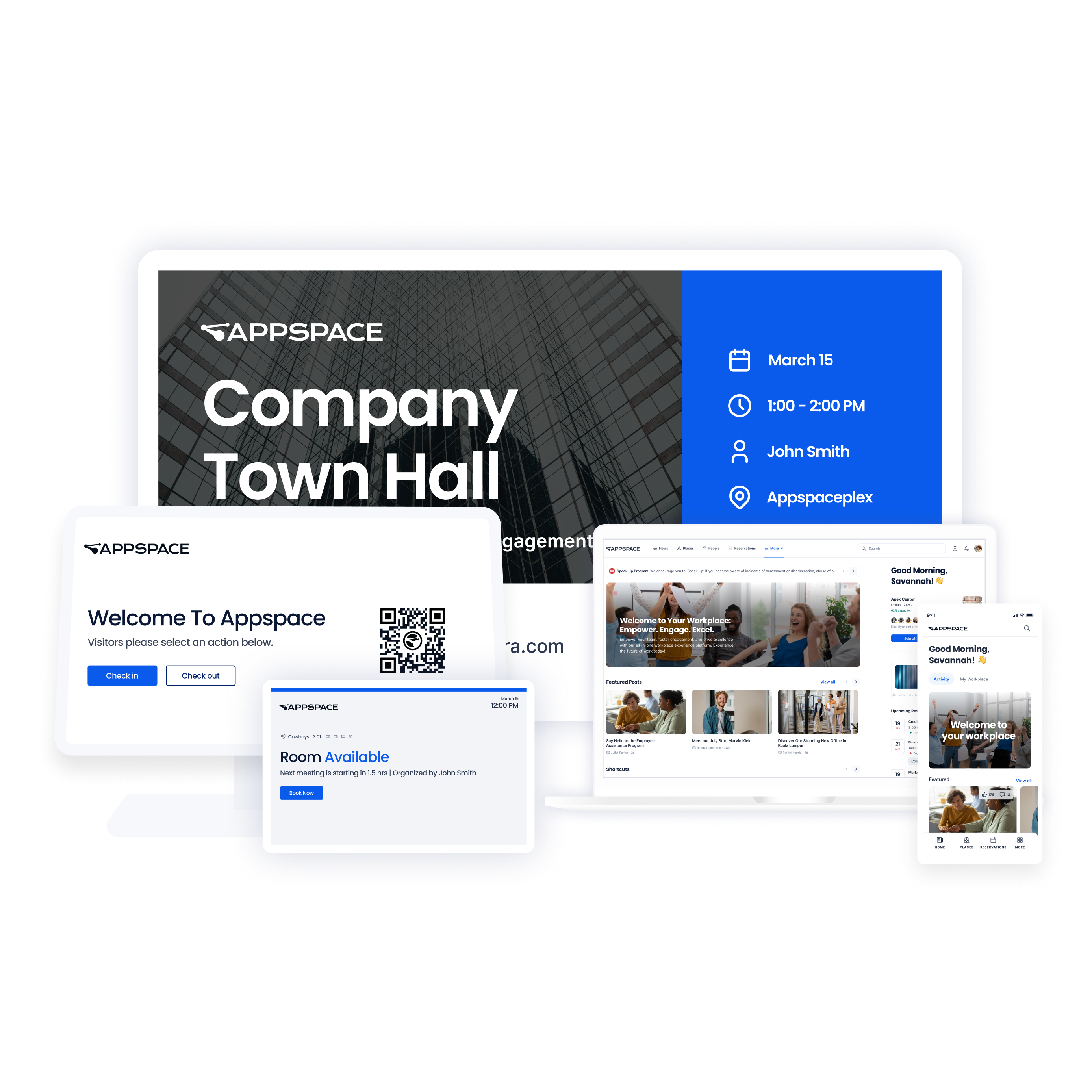A collection of digital screens displaying Appspace software interfaces, including a company town hall event, visitor check-in, room availability, and workplace updates.