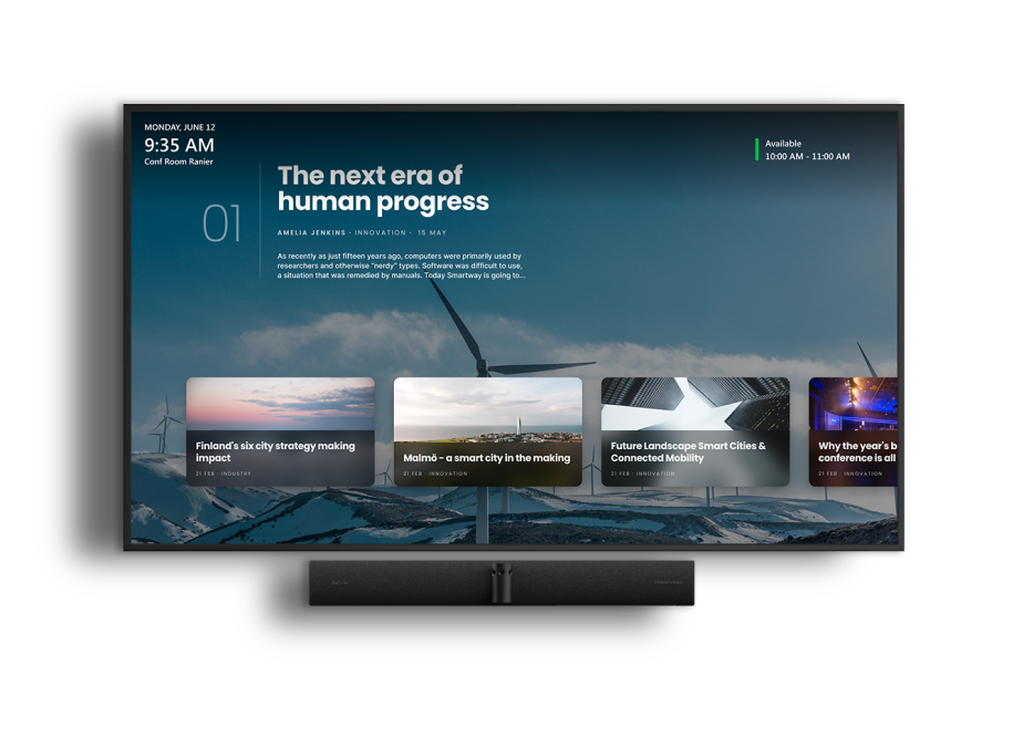 A digital display showing the date, time, and weather along with the headline The next era of human progress. Four article previews about technology and cities overlay an image of wind turbines in a snowy landscape.