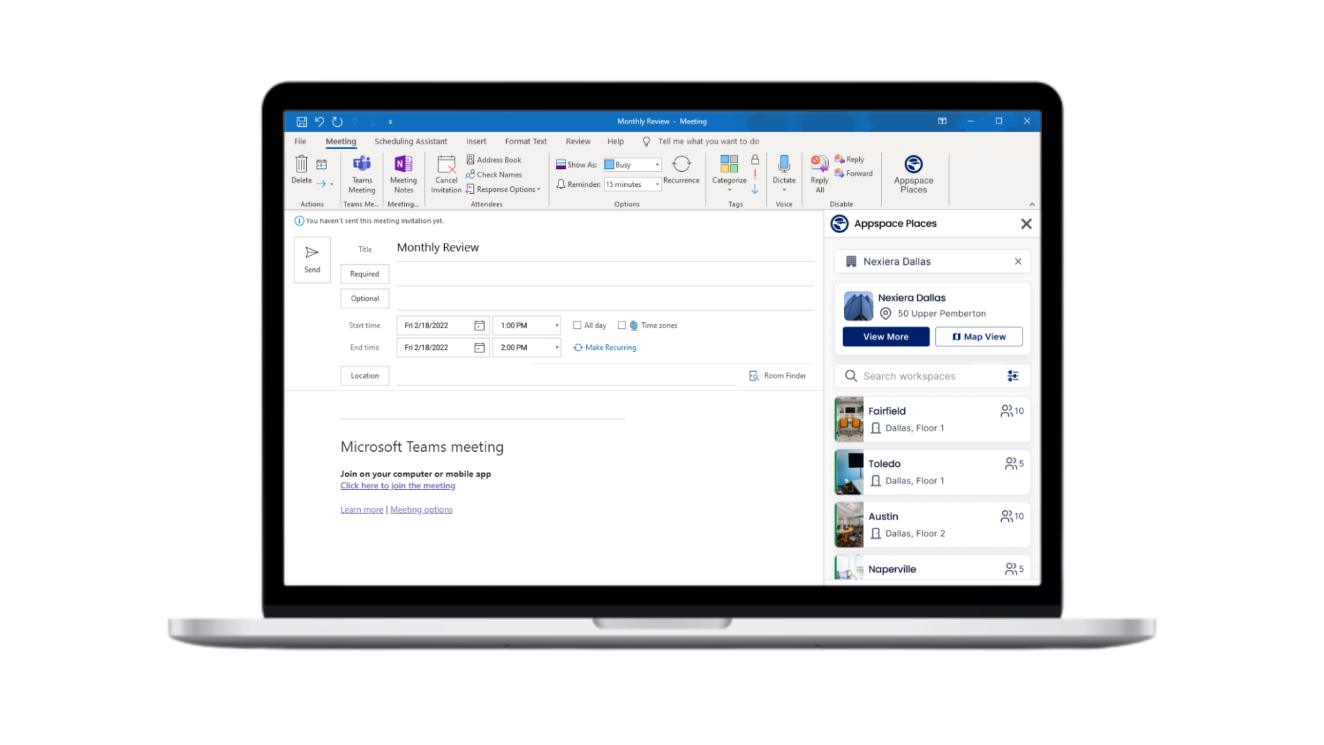 A laptop displays a meeting scheduling interface with details like date, time, and location. The sidebar shows recent files and room suggestions. The toolbar at the top has various options for managing the meeting.