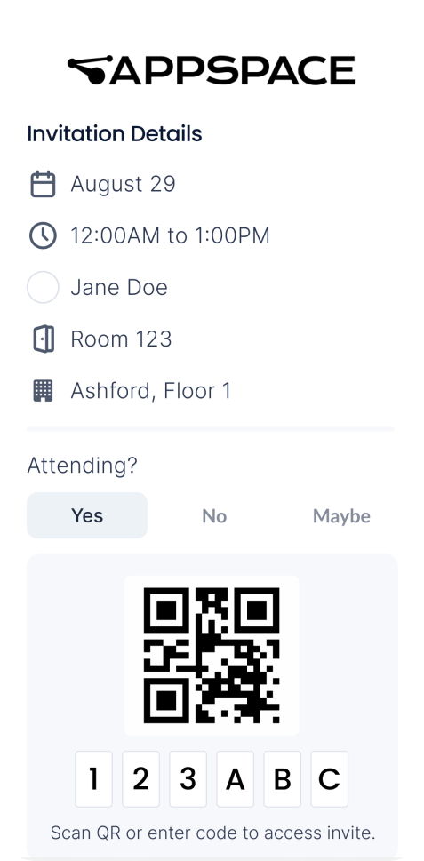 Mobile room booking details with QR code.