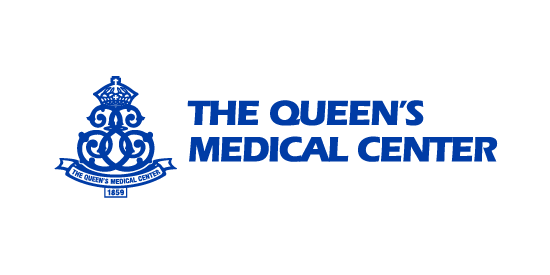Logo of The Queens Medical Center in blue, featuring a crest with a crown on top and a ribbon with text at the bottom. The words THE QUEENS MEDICAL CENTER are to the right of the crest.