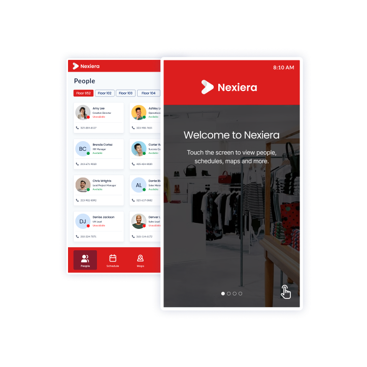 A digital interface displaying a welcome screen for Nexiera on the right, showing a clothing store background. On the left, a list of people with photos and contact details.