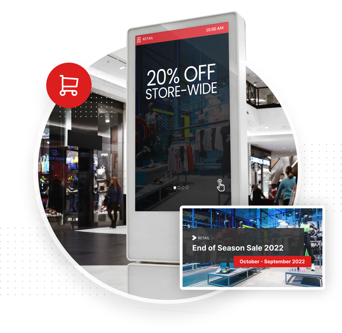 A shopping mall digital sign displays 20% Off Store-Wide at 10:00 AM. Below, an inset shows End of Season Sale 2022 with dates October â€¢ September 2022 and images of store interiors. Shopping cart icon is visible.