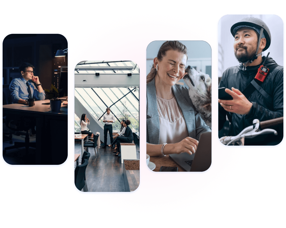Four vertical images show: a man working late at a desk, a group in a modern office meeting, a woman smiling at her dog while working on a laptop, and a man in bike gear holding a phone outdoors.
