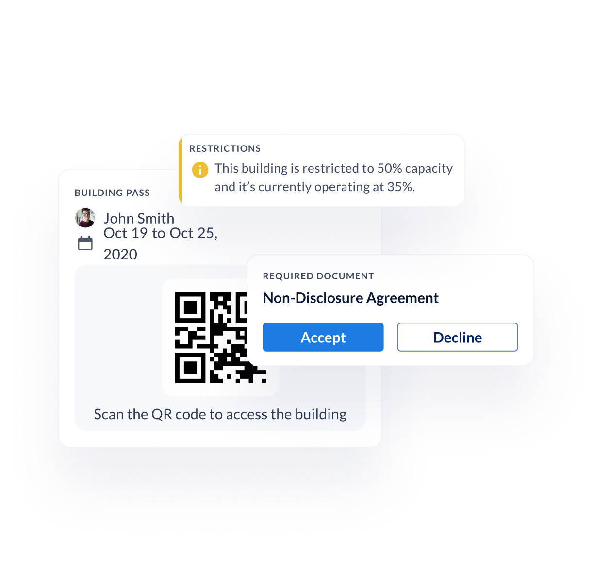 Digital building pass graphic displaying a QR code and user name (John Smith), dates (Oct 19 to Oct 25, 2020), and restrictions on building capacity. Includes a prompt to accept or decline a Non-Disclosure Agreement.