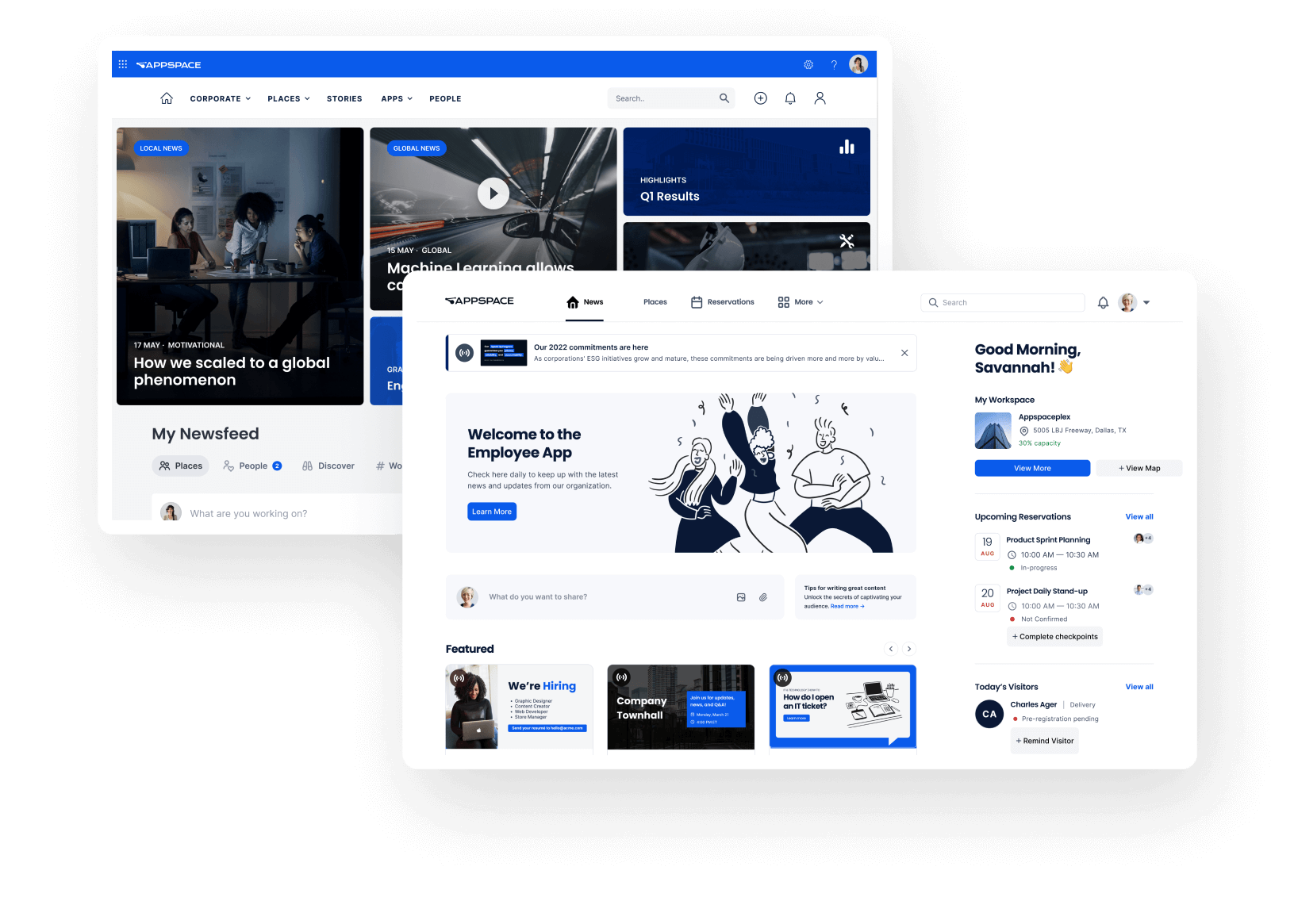 Two overlapping user interface screens display a modern company intranet or employee app, featuring news feeds, company updates, navigation menus, announcements, and a welcome message.
