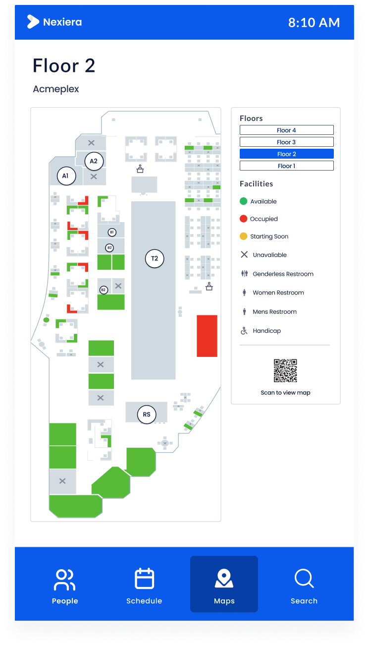 A digital map display for Floor 2 of Acmeplex. It shows room locations, availability statuses, and facilities like restrooms and handicap access. Top right indicates the time as 8:10 AM. Navigation icons are at the bottom.
