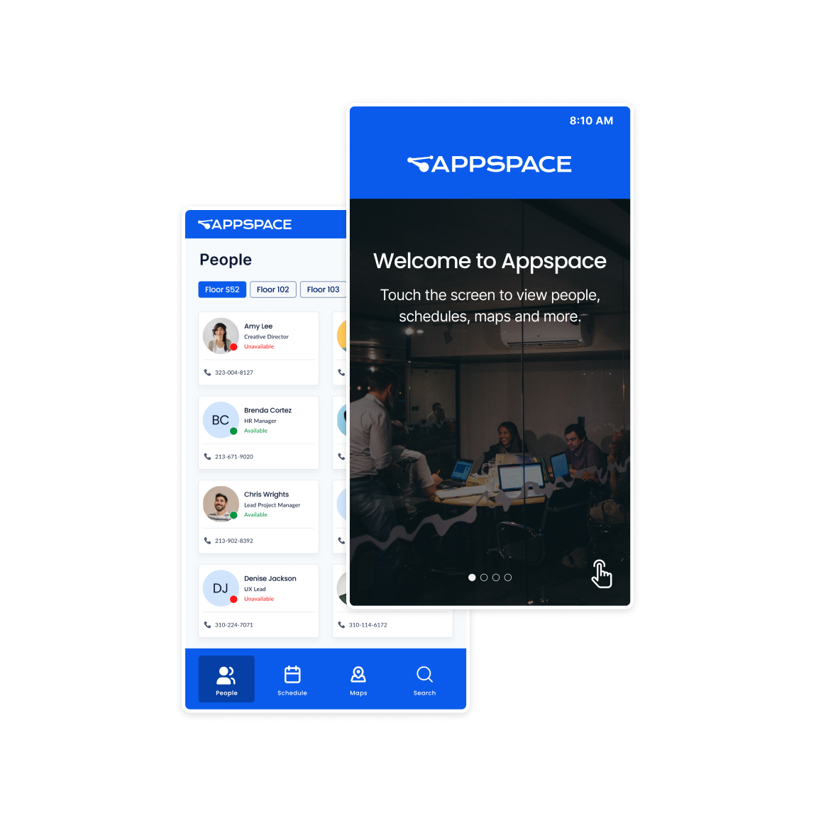 Two overlapping smartphone screens display the Appspace app. One shows a welcome screen with a meeting room photo; the other displays a people directory with profile pictures, names, and floors.