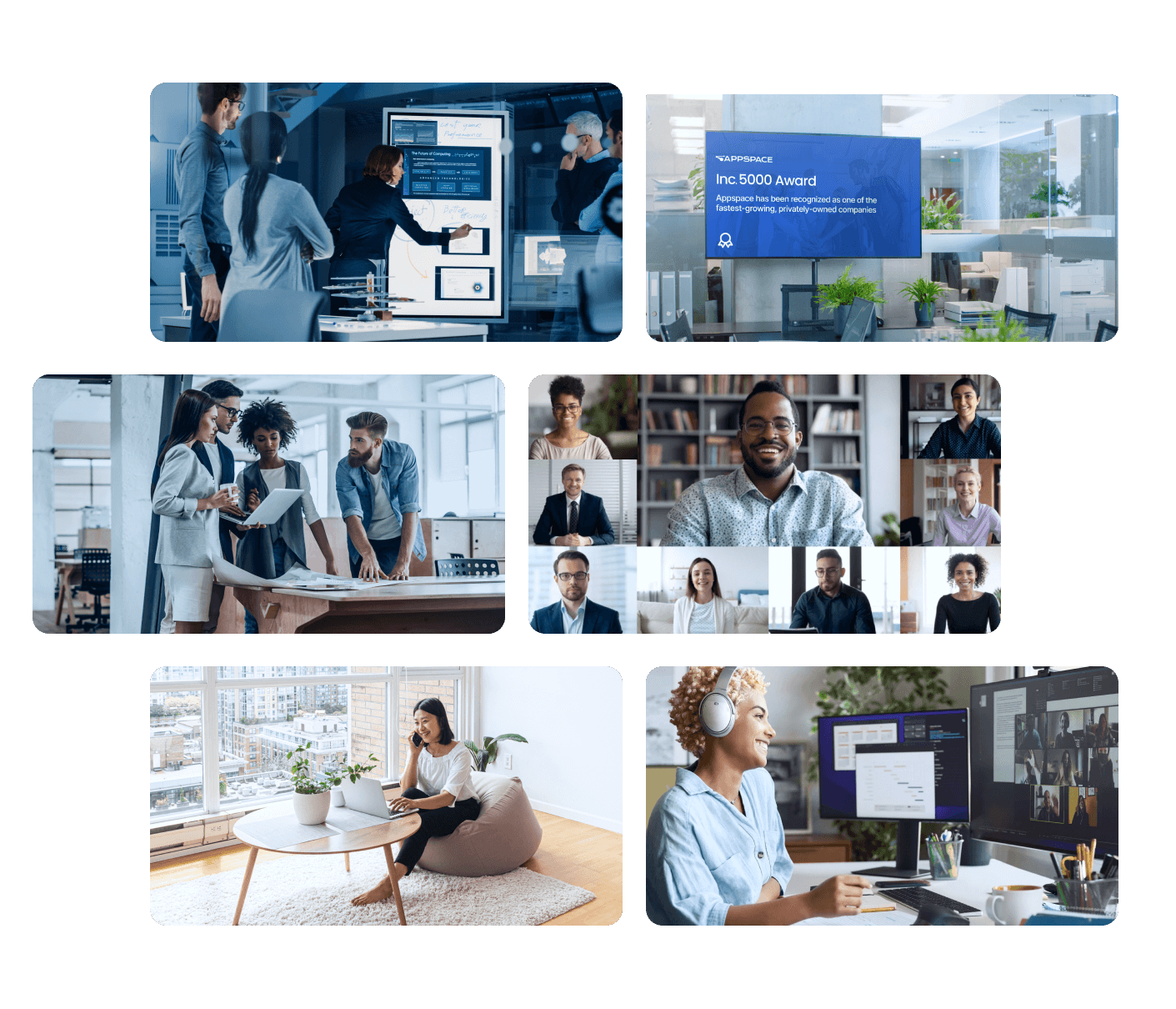 A collage shows people collaborating in offices, attending virtual meetings, working on laptops at home, presenting data on screens, and brainstorming in groups, highlighting diverse work environments and remote teamwork.