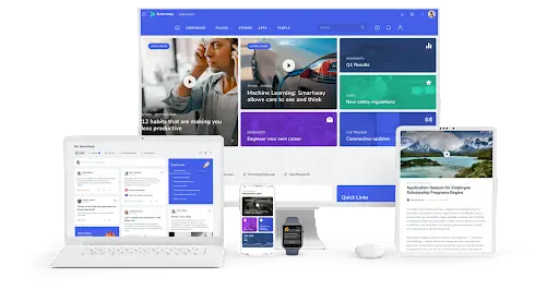 A digital platform interface is displayed on multiple devices, including a desktop monitor, laptop, tablet, smartphone, and smartwatch, showcasing various articles, menus, and quick links.